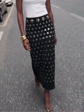 Black Elegant Studded Women's Straight Skirt